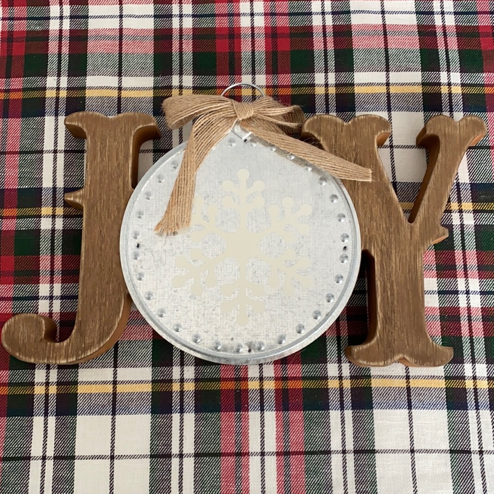 Holiday/Christmas “JOY” sign - wooden and galvanized silver materials